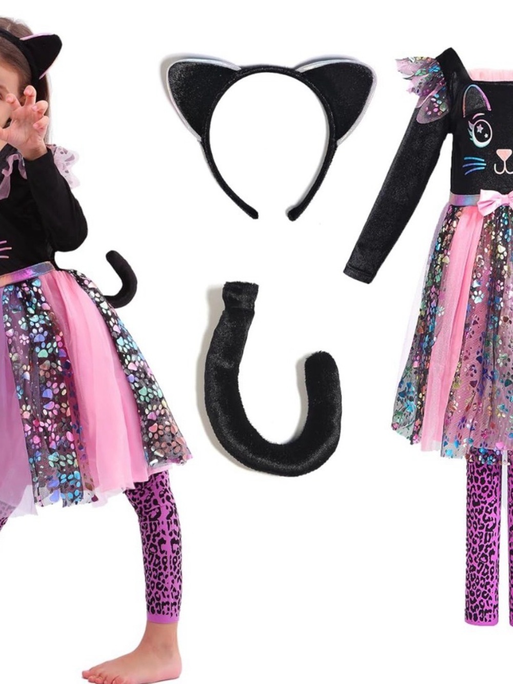 Black & Pink Cat Costume Dress with Headband and Tail - Kids size 7-8